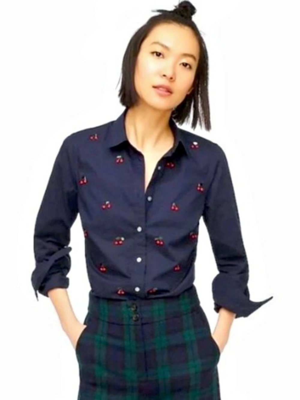 J.Crew Slim Perfect Shirt with Embroidered Sequin Cherries Navy Blue Size 6